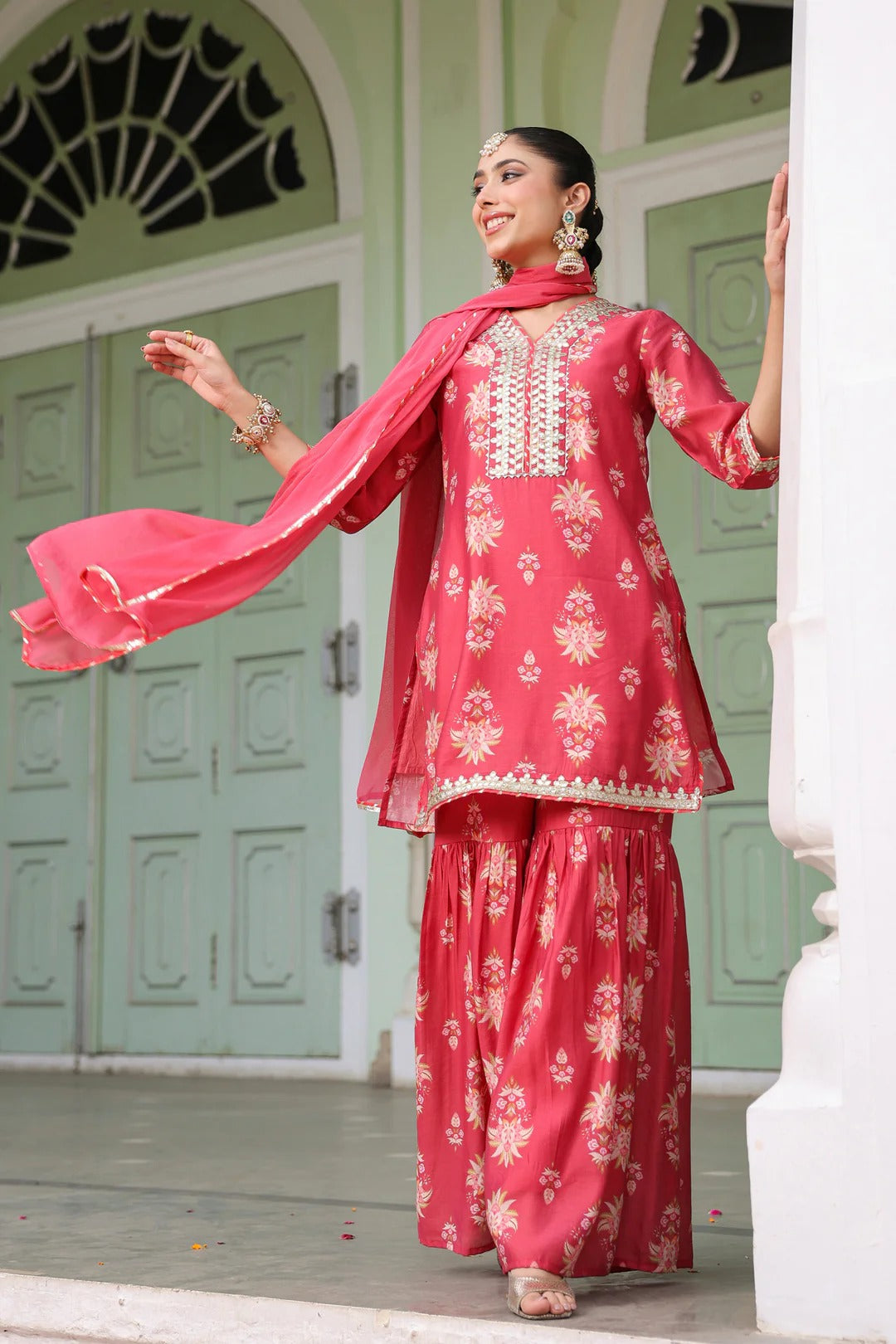 Coral Chanderi Silk Floral Printed Sharara Set