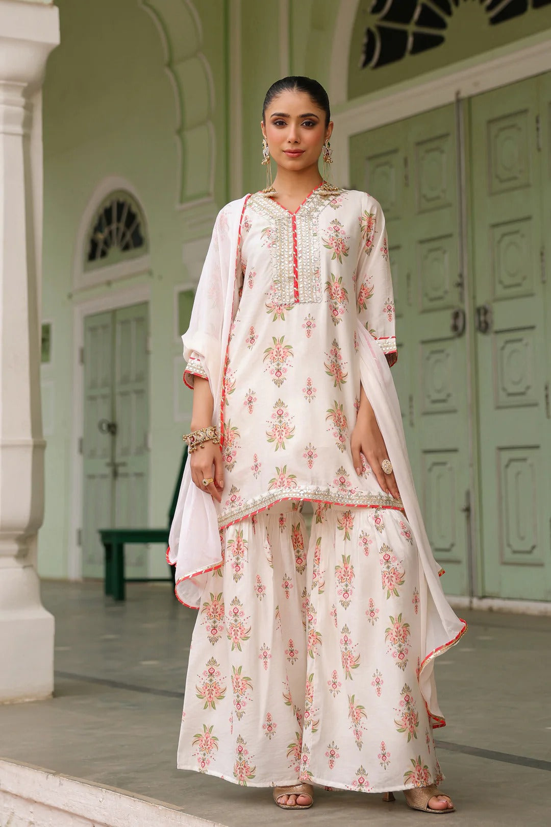 Ivory Chanderi Silk Floral Printed Sharara Set