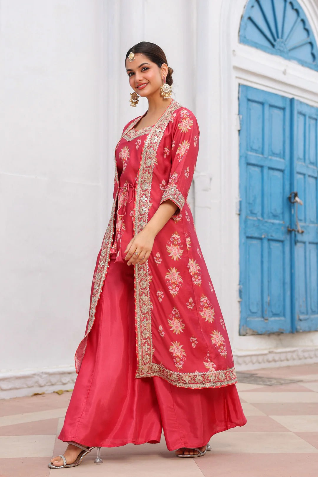 Coral Chanderi Silk Floral Printed Shrug Set