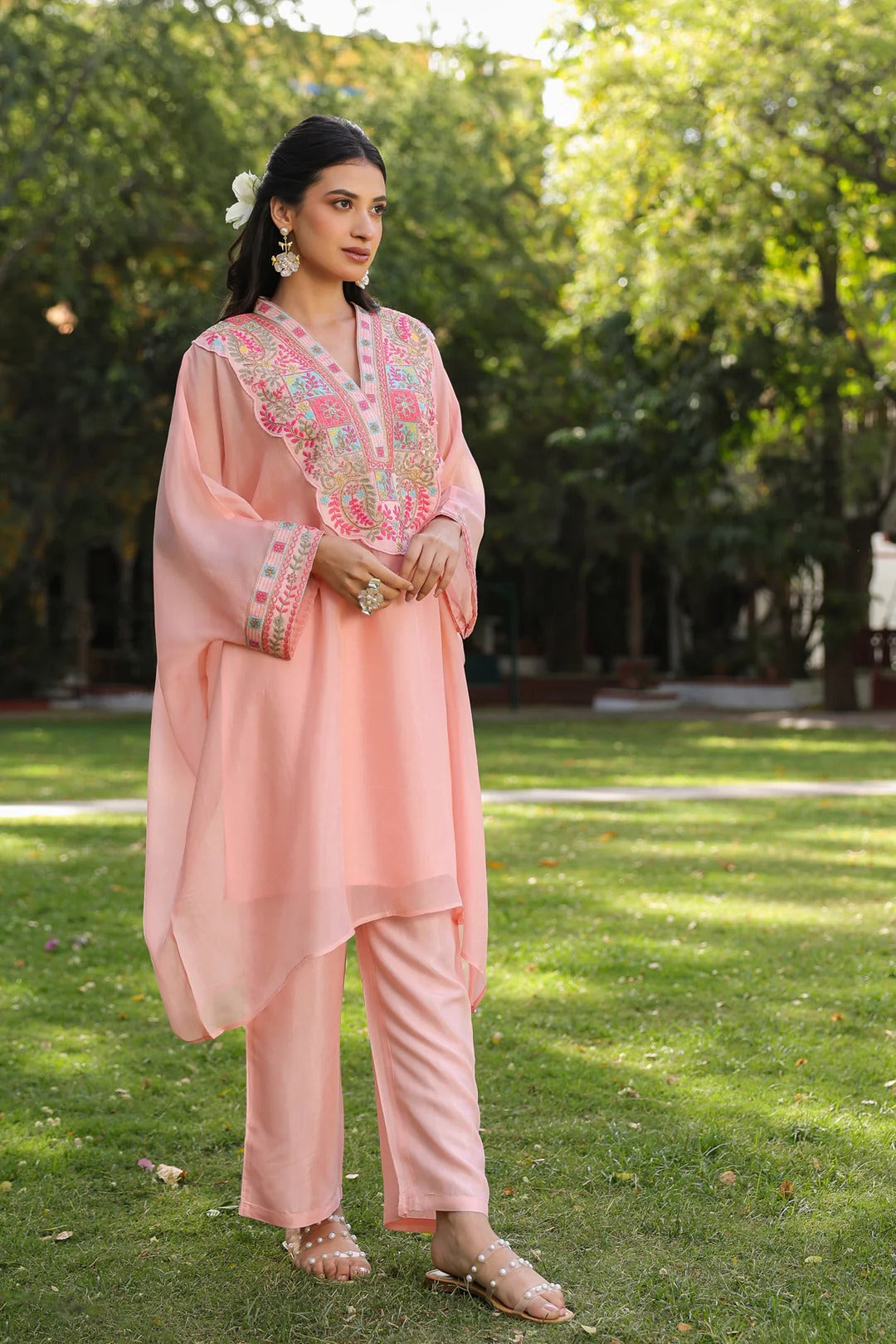 Peach' Organza Silk Embroidered Kaftan Set