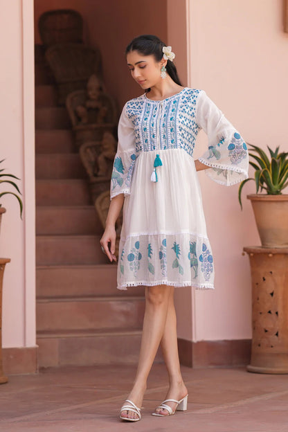Teal Floral Cotton Block Printed Midi Tiered Dress