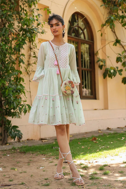 Pistagreen Cotton Mulmul Embroidered Midi Dress