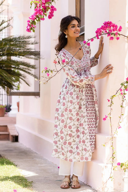 Fuchsia Cotton Mulmul Block-Printed Shrug, Kurta & Pant Set