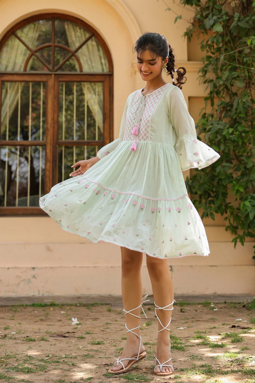 Pistagreen Cotton Mulmul Embroidered Midi Dress