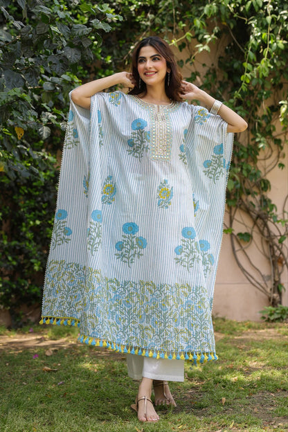 Blue Striped-Floral Cotton Block Printed Kaftan Set