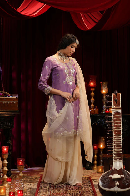 Purple-Ivory Shimmer Organza Dori-Gota Work Sharara Set