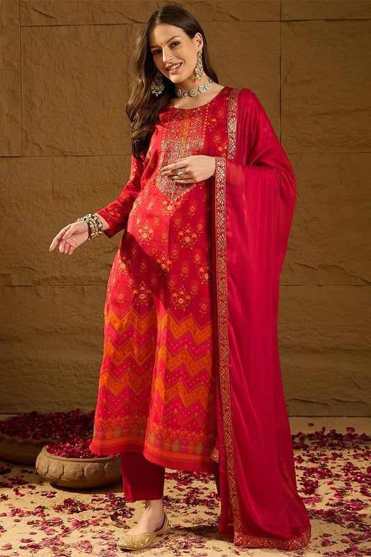Red Silk Ethnic Motifs Woven Design Straight Kurta Trousers With Dupatta