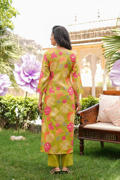 Lime Green Viscose Rayon Floral Embroidered Straight Kurta Trousers With Dupatta