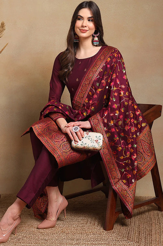 Burgundy Poly Chanderi Woven Design Straight Suit Set