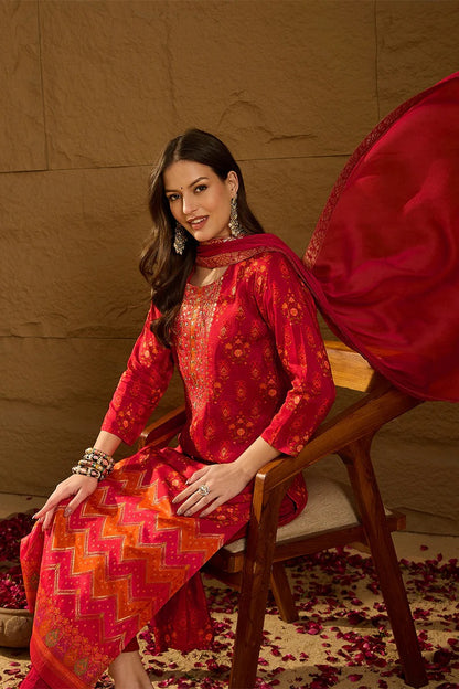 Red Silk Ethnic Motifs Woven Design Straight Kurta Trousers With Dupatta