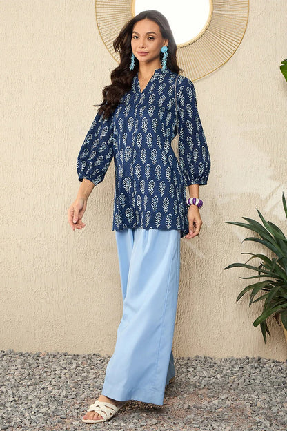 Blue Cotton Blend Floral Printed Regular Top