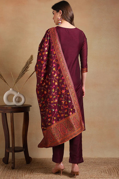 Burgundy Poly Chanderi Woven Design Straight Suit Set