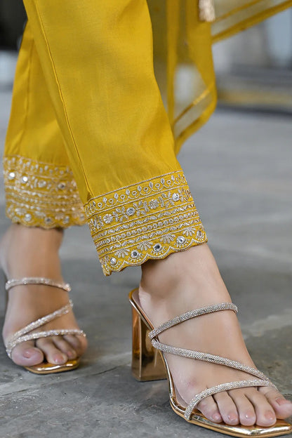 Mustard Silk Blend Solid Embroidered A-Line Kurta Trousers With Dupatta