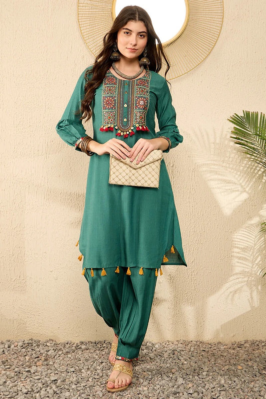 Teal Green Embroidered Viscose Rayon Straight Salwar Bottom Kurta Set