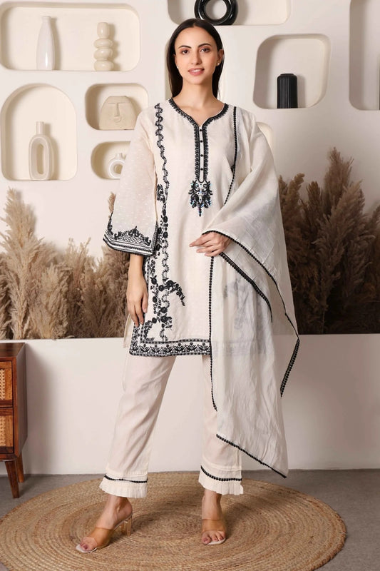 Black & Ivory Pakistani Cotton Embroidered Suit Set