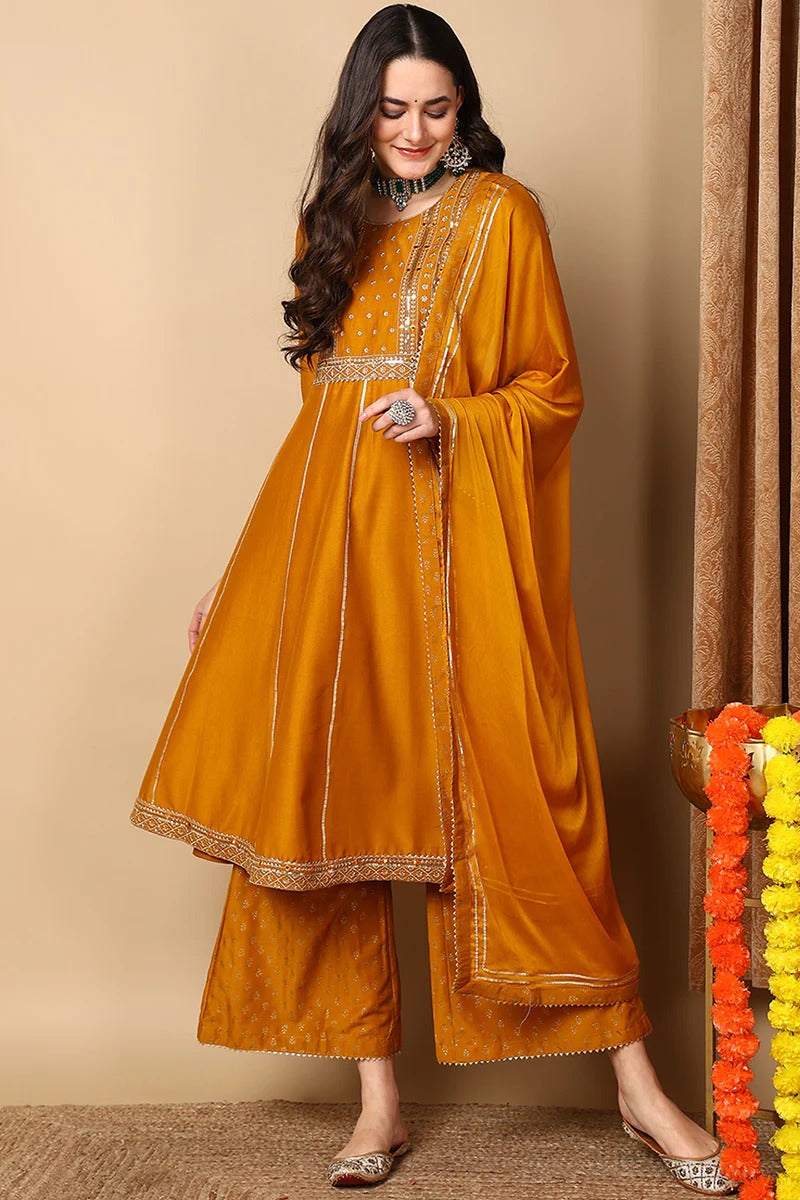 Mustard Yellow Silk Blend Solid Embroidered Anarkali Suit Set