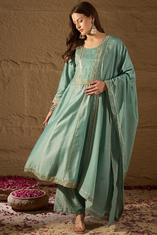 Sea Green Silk Blend Solid Embroidered Anarkali Suit Set