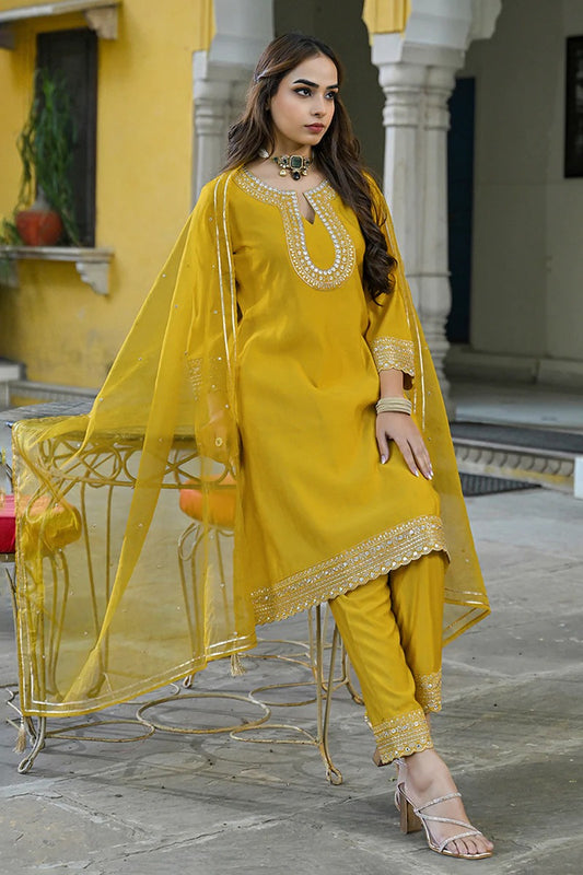 Mustard Silk Blend Solid Embroidered A-Line Kurta Trousers With Dupatta