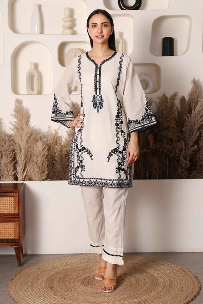 Black & Ivory Pakistani Cotton Embroidered Suit Set