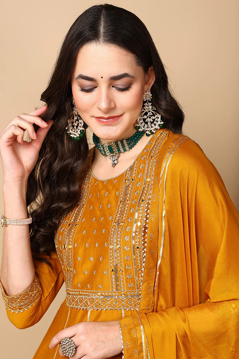 Mustard Yellow Silk Blend Solid Embroidered Anarkali Suit Set
