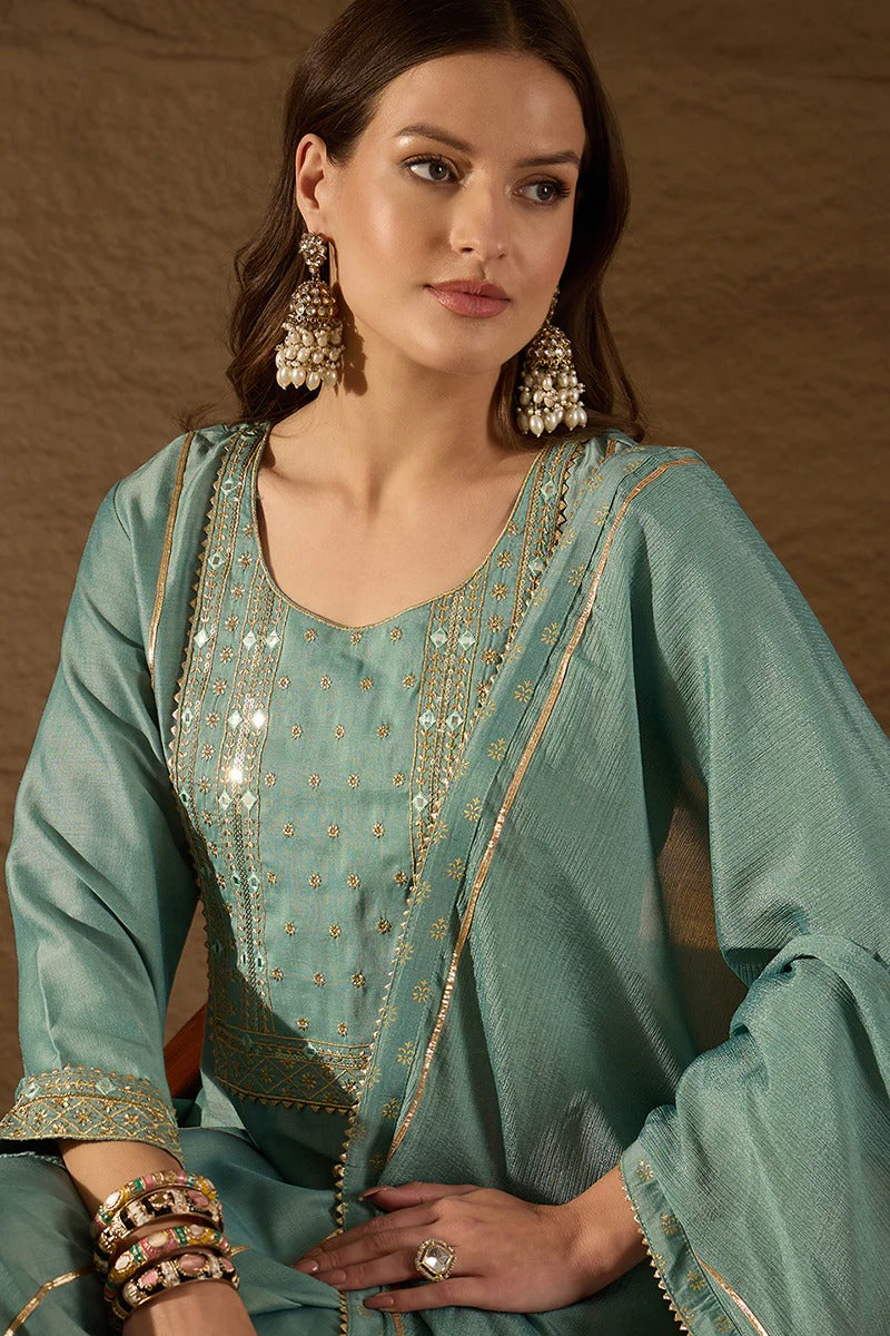 Sea Green Silk Blend Solid Embroidered Anarkali Suit Set
