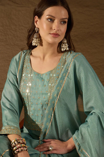 Sea Green Silk Blend Solid Embroidered Anarkali Suit Set