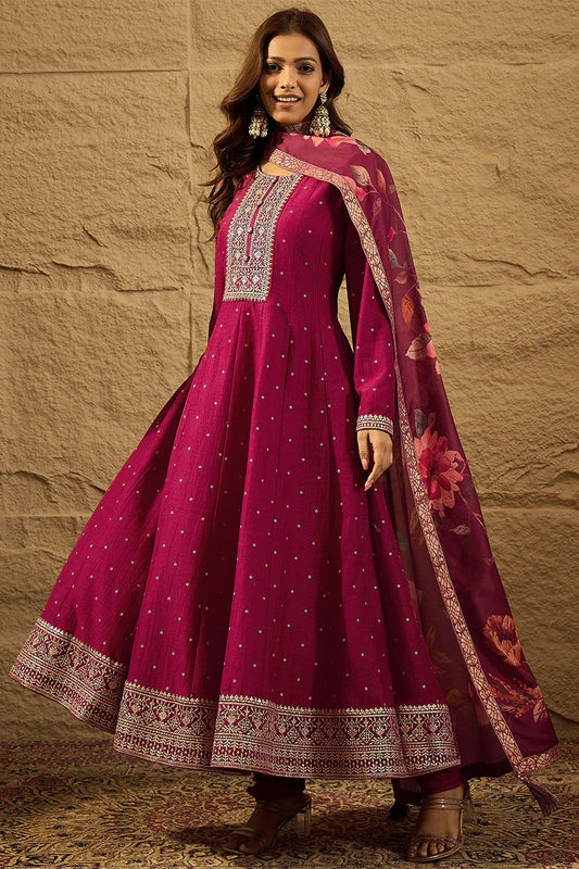 Maroon Pure Silk Bandhani Embroidered Anarkali Suit Sets