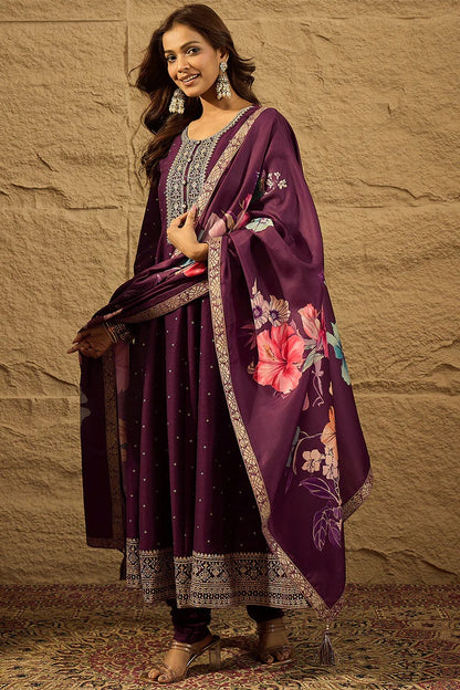 Purple Pure Silk Bandhani Embroidered Anarkali Suit Sets
