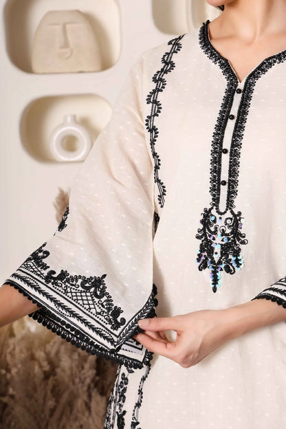 Black & Ivory Pakistani Cotton Embroidered Suit Set