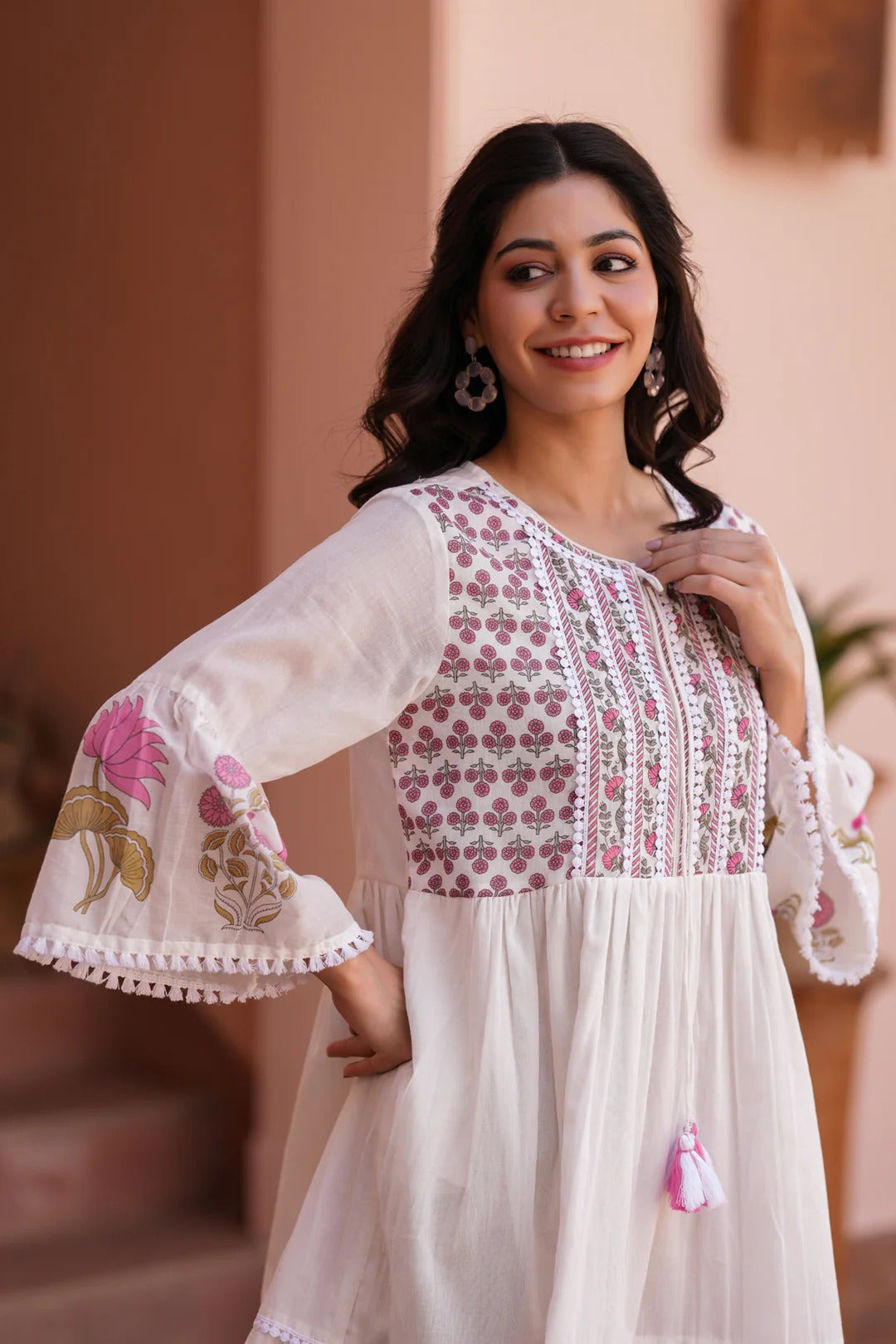Pink Floral Cotton Block Printed Midi Tiered Dress