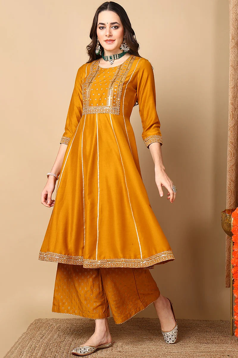 Mustard Yellow Silk Blend Solid Embroidered Anarkali Suit Set