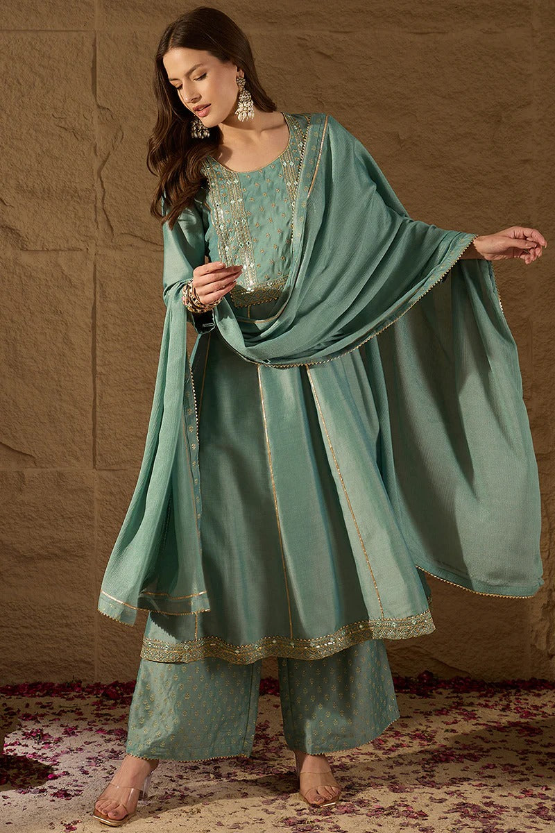 Sea Green Silk Blend Solid Embroidered Anarkali Suit Set