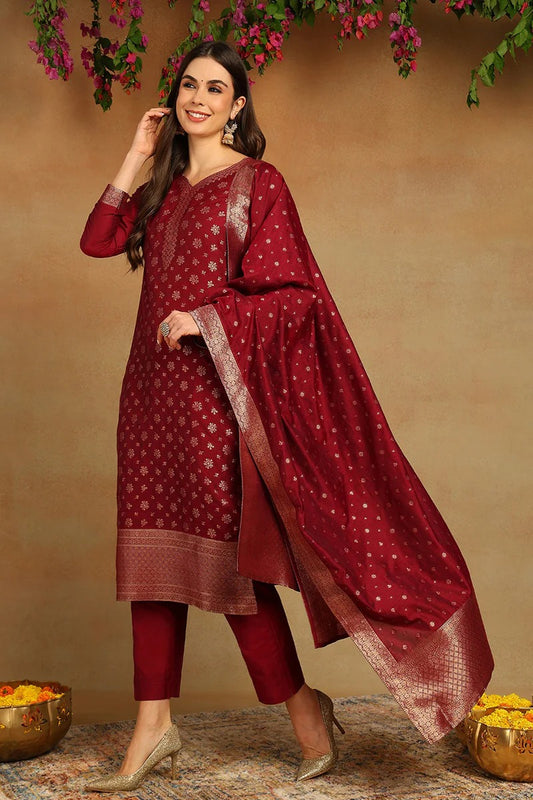 Red Poly Chanderi Woven Design Straight Suit Set