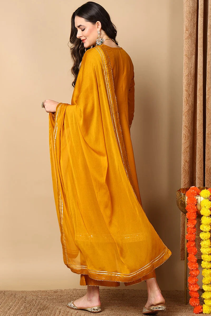 Mustard Yellow Silk Blend Solid Embroidered Anarkali Suit Set