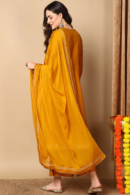 Mustard Yellow Silk Blend Solid Embroidered Anarkali Suit Set
