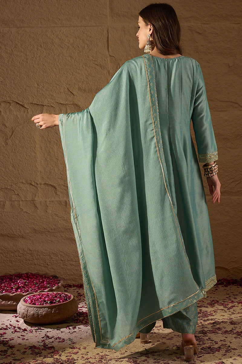 Sea Green Silk Blend Solid Embroidered Anarkali Suit Set