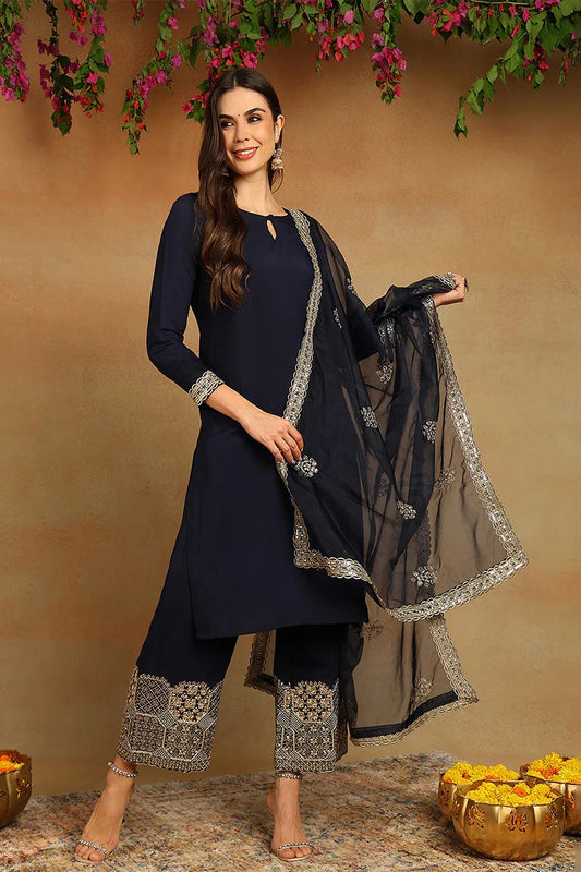 Navy Blue Silk Blend Solid Embroidered Straight Suit Set