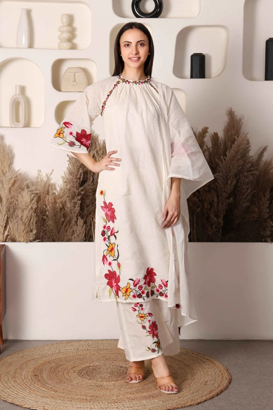 Multicolor Flower Embroidered Cotton Suit for Elegant Style
