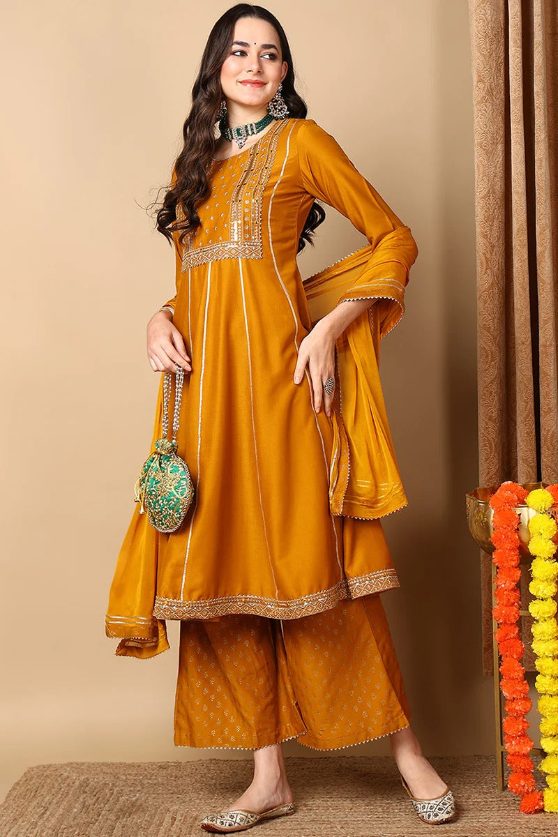 Mustard Yellow Silk Blend Solid Embroidered Anarkali Suit Set