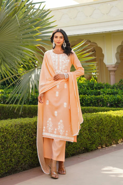 Peach Viscose Solid Embroidered Straight Kurta Palazzo With Dupatta
