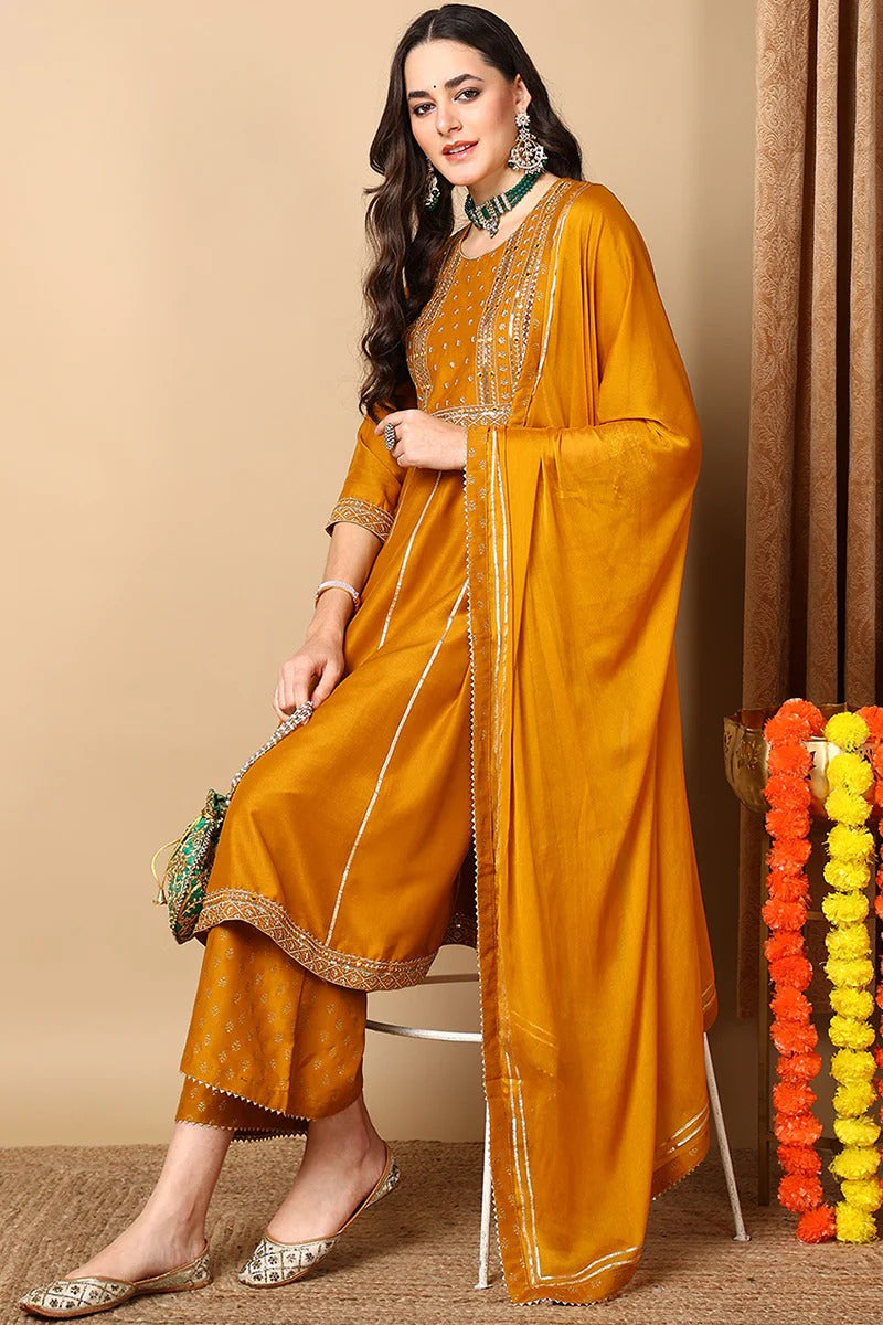 Mustard Yellow Silk Blend Solid Embroidered Anarkali Suit Set