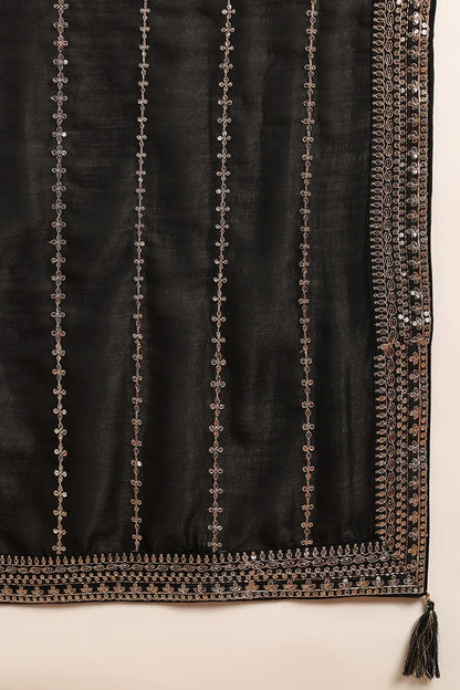 Black Silk Blend Solid Embroidered Straight Suit Set