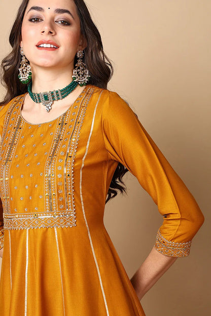 Mustard Yellow Silk Blend Solid Embroidered Anarkali Suit Set