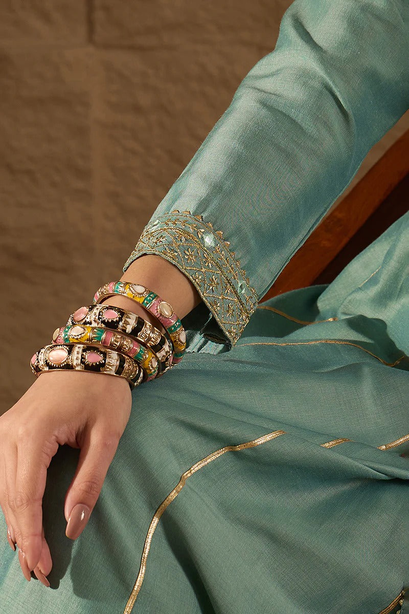 Sea Green Silk Blend Solid Embroidered Anarkali Suit Set
