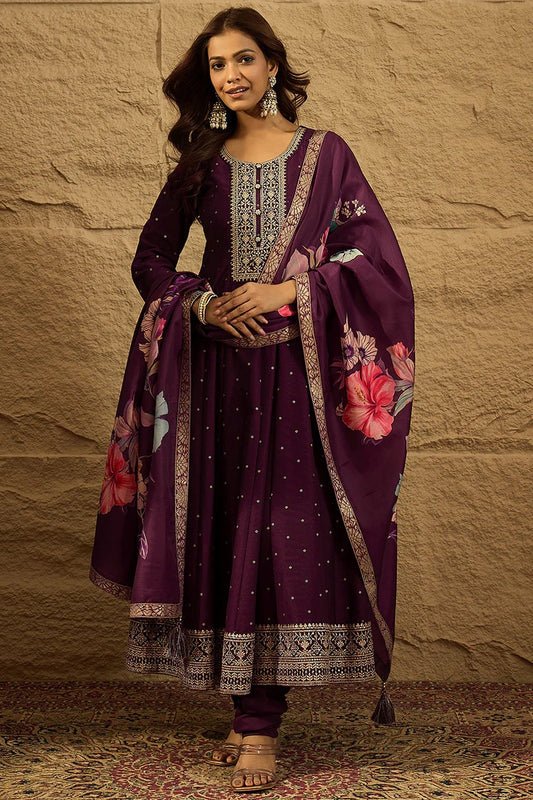 Purple Pure Silk Bandhani Embroidered Anarkali Suit Sets