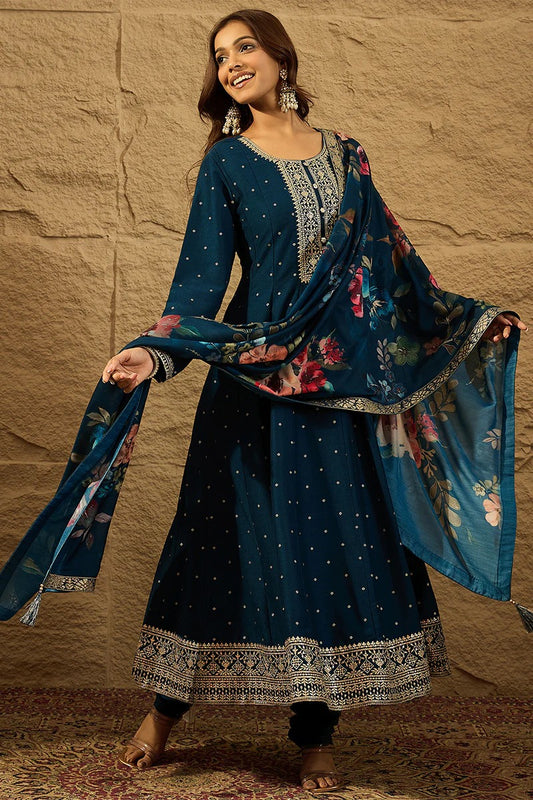 Blue Pure Silk Bandhani Embroidered Anarkali Suit Sets