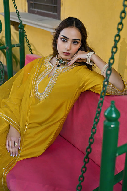 Mustard Silk Blend Solid Embroidered A-Line Kurta Trousers With Dupatta