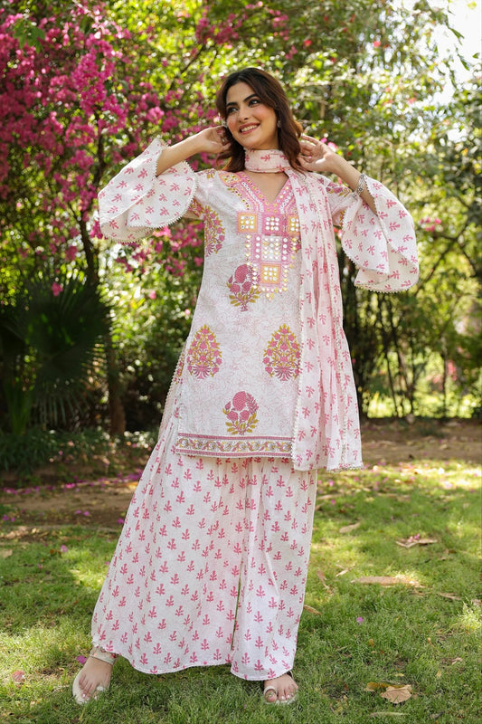 Pink Cotton Cambric Block-Printed Embroidered Sharara Set