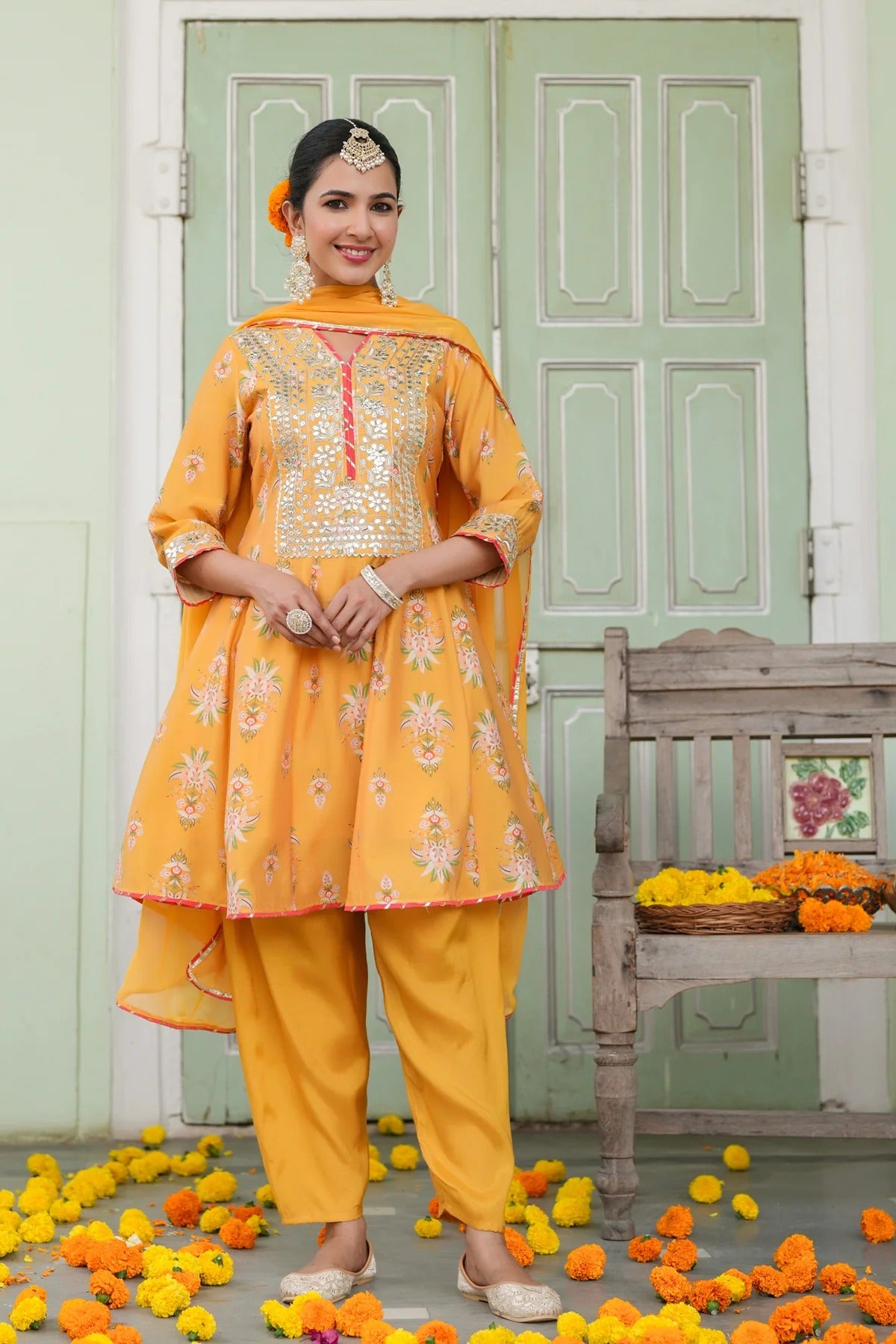 Mustard Chanderi Silk Floral Printed Anarkali Set