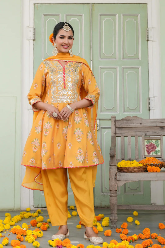 Mustard Chanderi Silk Floral Printed Anarkali Set